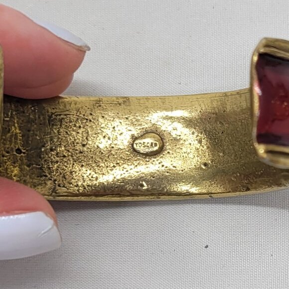 Vintage 1980s Signed Gerard Yosca Red Enamel & Clear Rhinestone Cuff Bracelet - Picture 5 of 8